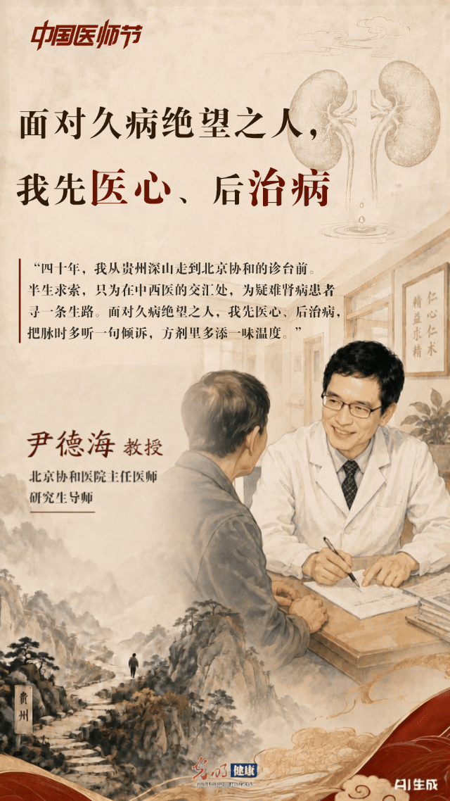 【AI海报】中国医师节|尹德海:面对久病绝望之人,我先医心、后治病 【AI海报】中国医师节|尹德海:面对久病绝望之人,我先医心、后治病