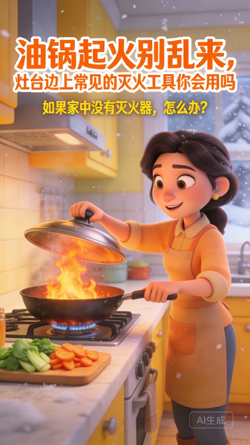 【冬季安全警示录·AI科普】油锅起火别乱来，灶台边上常见的灭火工具您会用吗