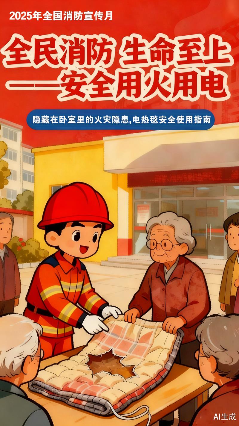 【冬季安全警示录·AI海报】隐藏在卧室里的火灾隐患,电热毯安全使用指南