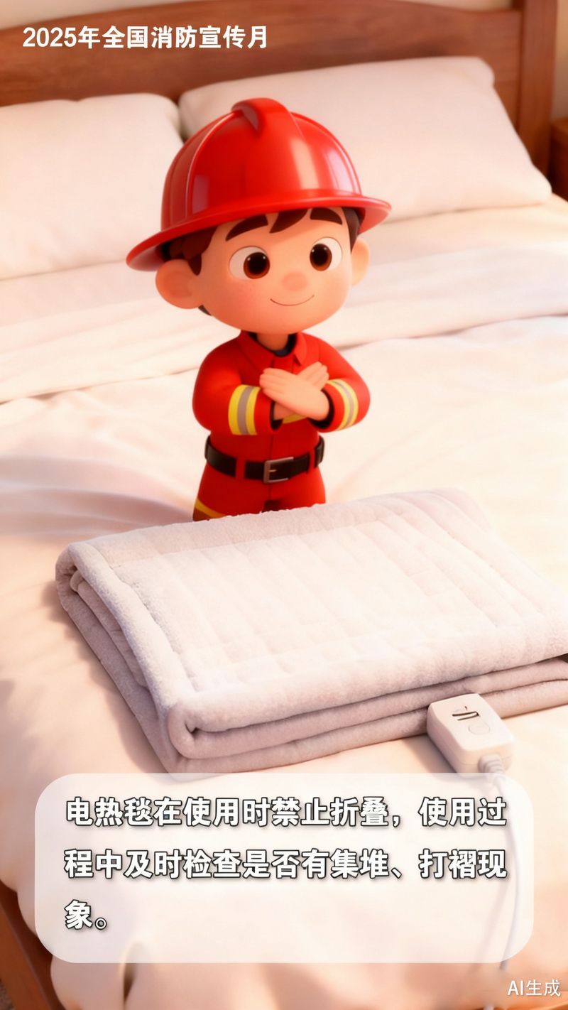 【冬季安全警示录·AI海报】隐藏在卧室里的火灾隐患,电热毯安全使用指南