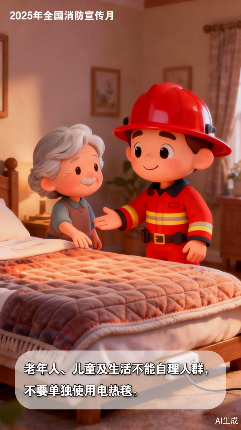 【冬季安全警示录·AI海报】隐藏在卧室里的火灾隐患,电热毯安全使用指南