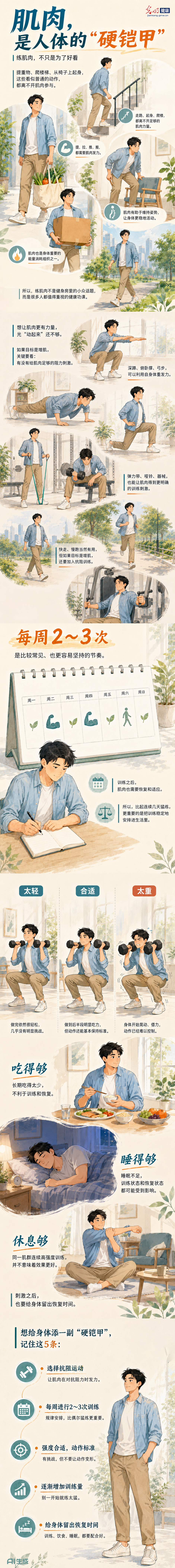 AI漫画丨练出身体“硬铠甲”，科学增肌记住这些要点